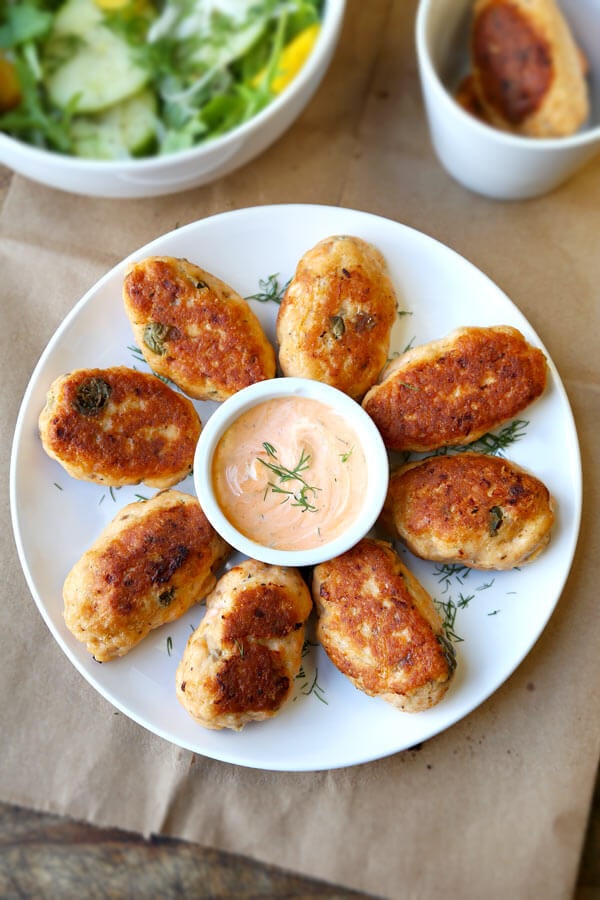 Salmon Croquettes with Dill and Sriracha Dip Pickled Plum