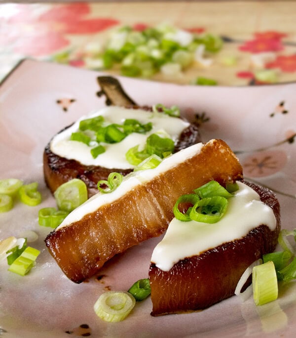 soy daikon bites with melted cheese soy daikon and mirin topped with cheese