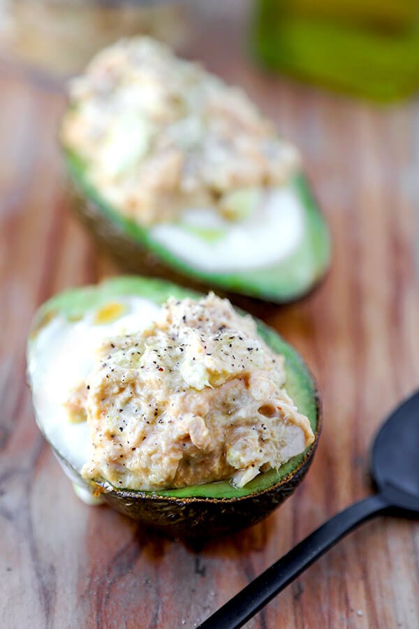 Baked Avocado & Egg with Curried Tuna Salad Pickled Plum