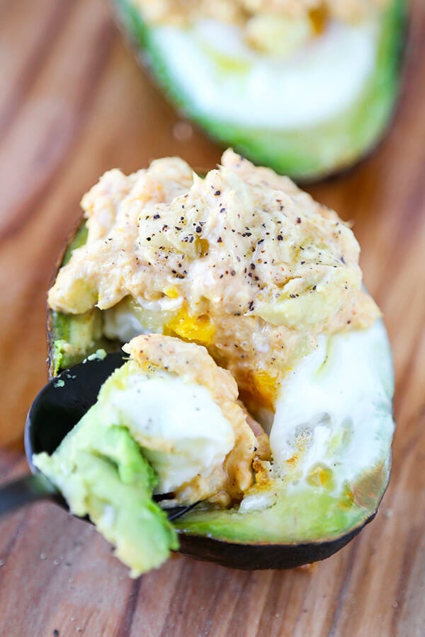 Baked Avocado & Egg with Curried Tuna Salad Pickled Plum