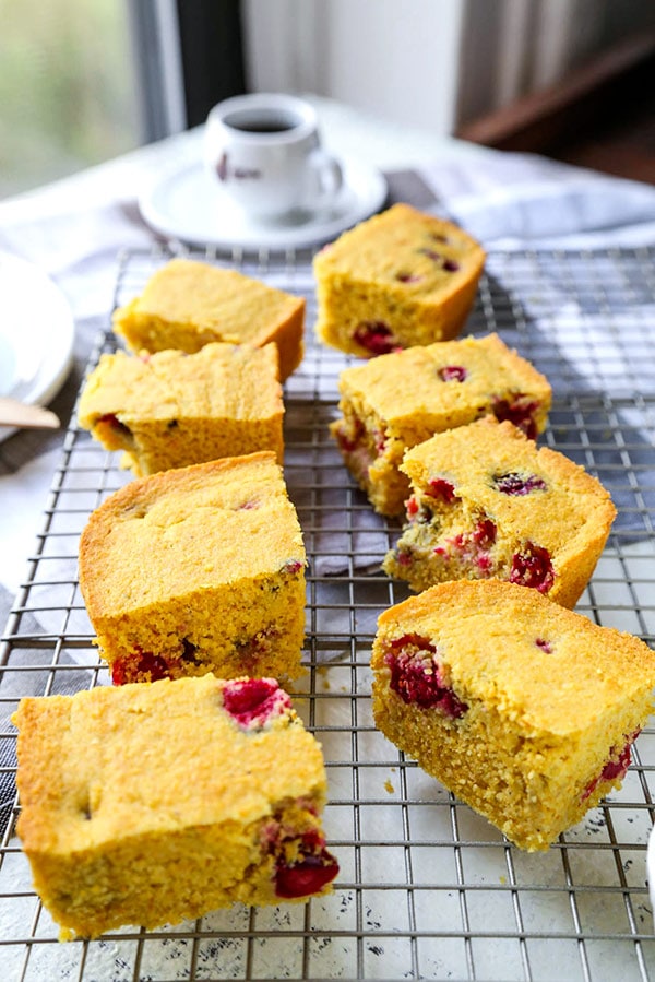 Gluten Free Cranberry Cornbread - This fruit studded Gluten Free Cranberry Cornbread Recipe is soft, subtly sweet and 100% delicious. Thanksgiving gluten free recipes, Christmas gluten free recipes, gluten baked goods, gluten free dessert, gluten free side dish | pickledplum.com