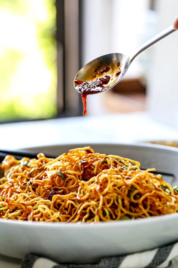 pan fried noodles with tangy chili crisp sauce